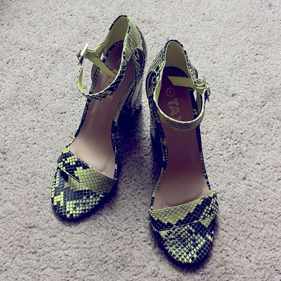 Neon Snakeskin Block Heels with Ankle Strap - Picture 2 of 5